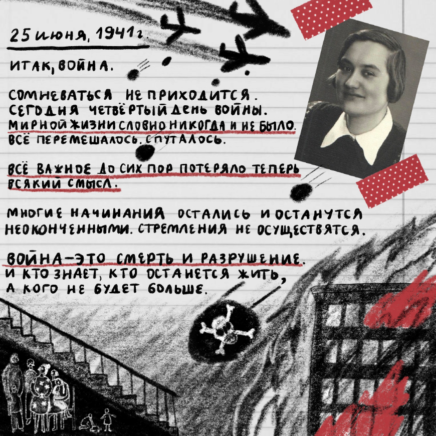 Иллюстрация военного дневника Ирины Хорошуновой. Художница: Лиля Матвеева.