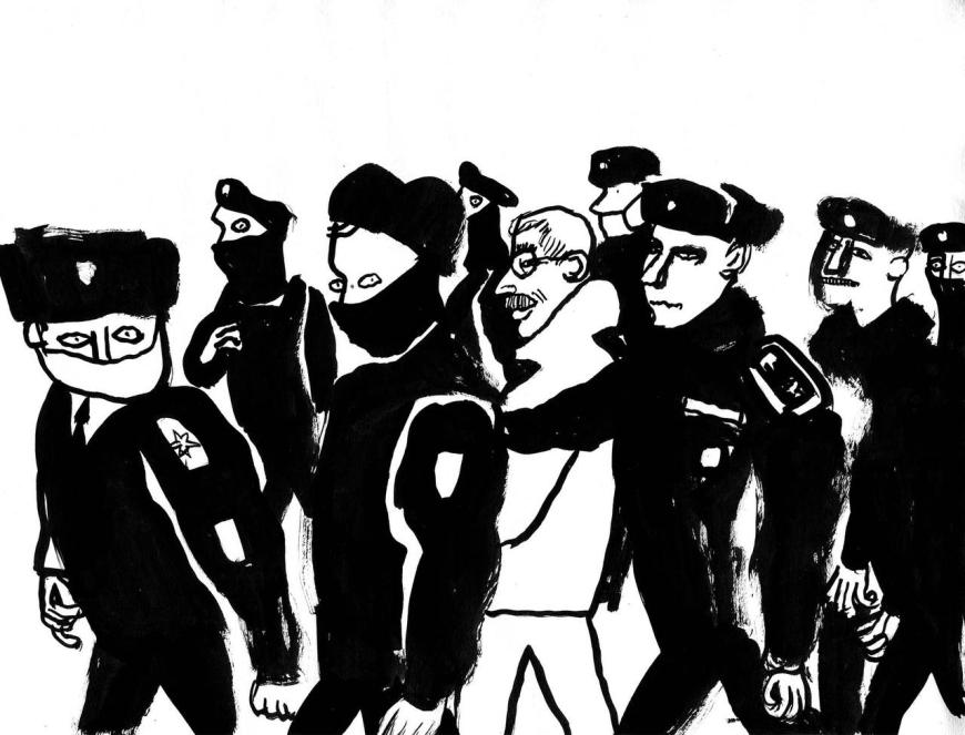 Олега Орлова под стражей выводят из здания суда. Рисунок Вики Поповой