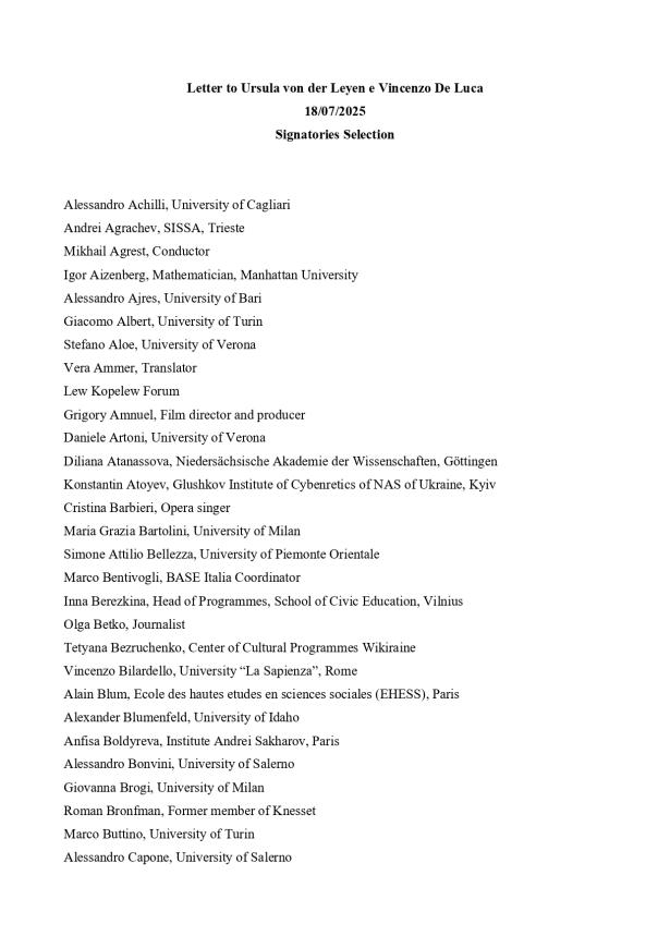List of selected signatures on the open letter opposing Valery Gergiev's concert in Italy.
