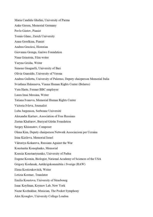 List of selected signatures on the open letter opposing Valery Gergiev's concert in Italy.