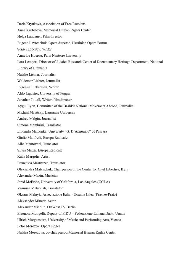 List of selected signatures on the open letter opposing Valery Gergiev's concert in Italy.