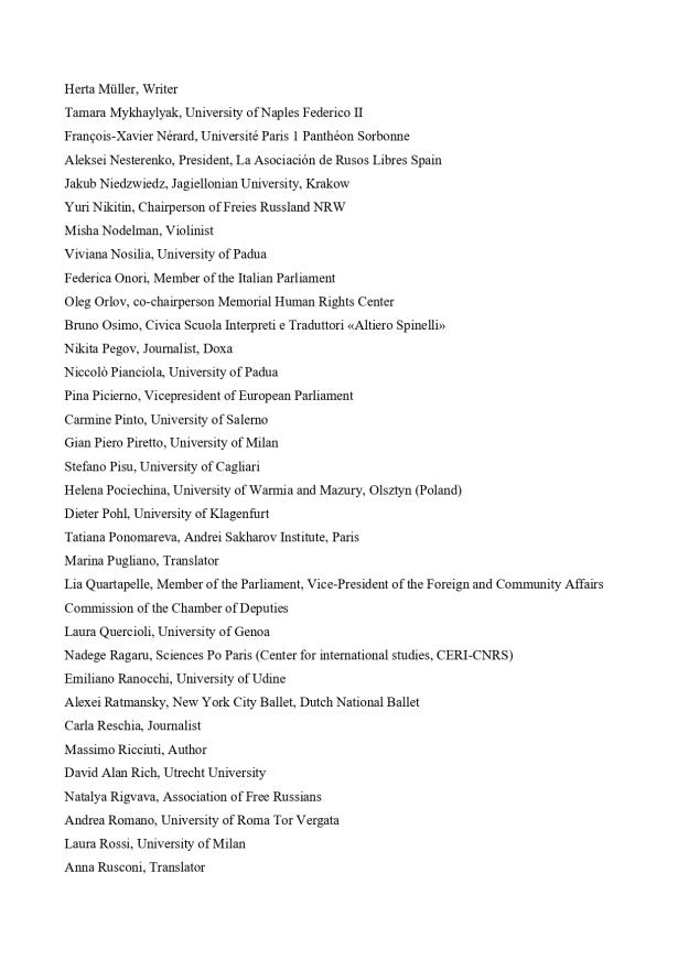 List of selected signatures on the open letter opposing Valery Gergiev's concert in Italy.